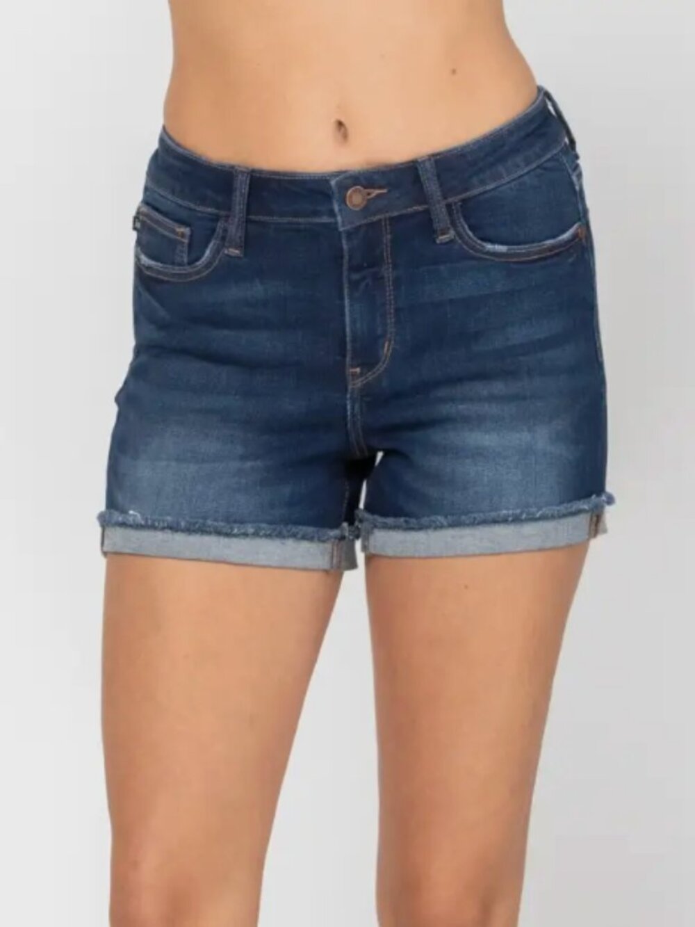 JUDY BLUE Mid-Rise Stretch Denim Shorts Size XL Cuffed Hem Dark 15 (32) NEW